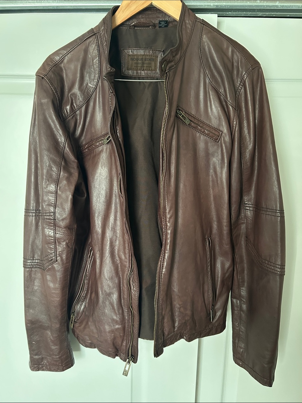 Rogue State Men's Brown Leather Jacket - Classic Zip Front